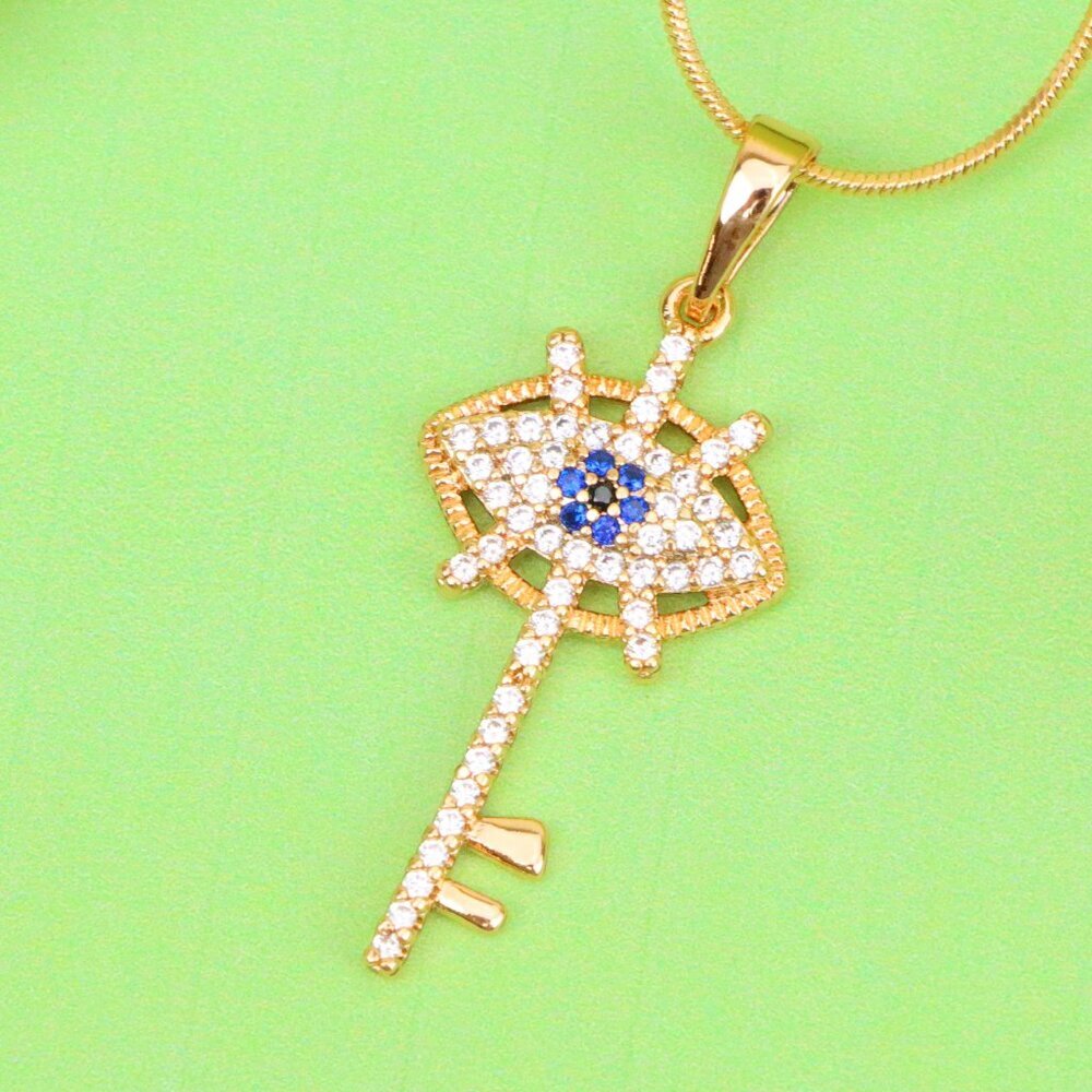 "Rose Gold Evil Eye Key Pendant with Blue & White CZ Accents, XPPT1531
